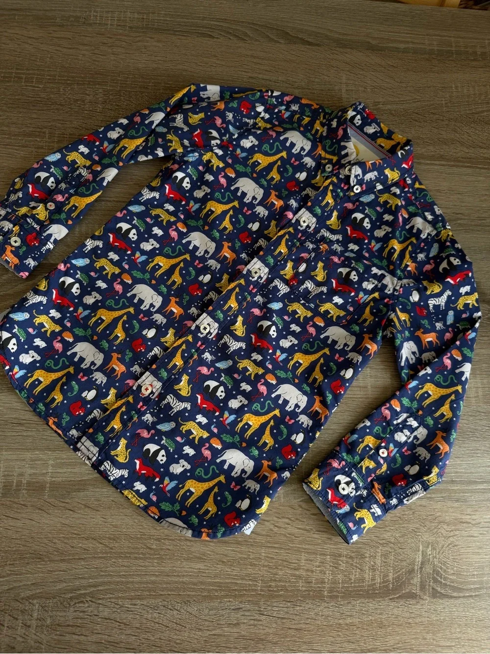Mini Boden Navy Shirt with Colorful Animal Print 7-8